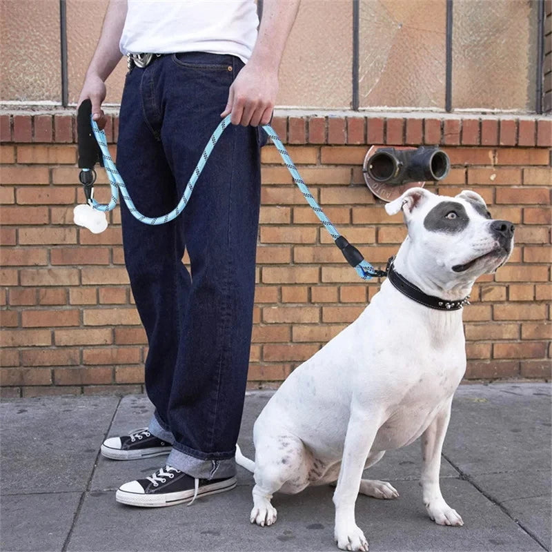Person holding a dog leash with a white dog sitting on a sidewalk.