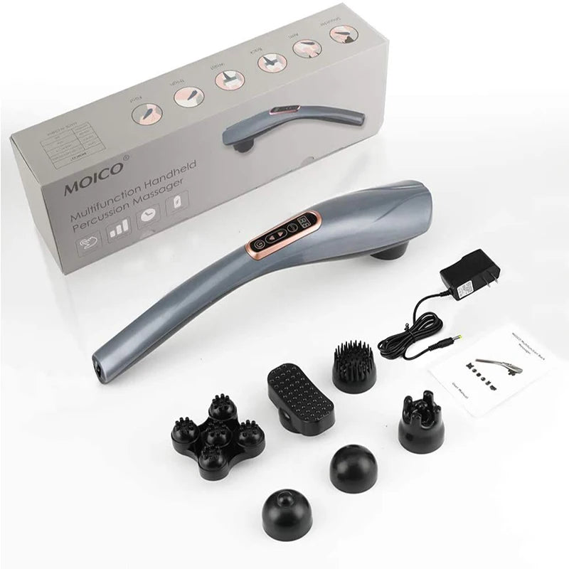 MOICO handheld percussion massager with attachments and packaging on a white background