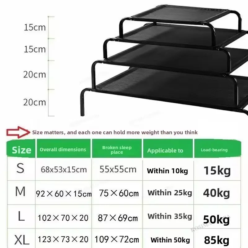 Black pet bed with size chart indicating dimensions and weight capacity.