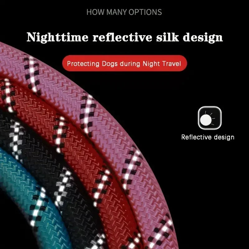 Close-up of reflective silk design with text about nighttime visibility for dogs.