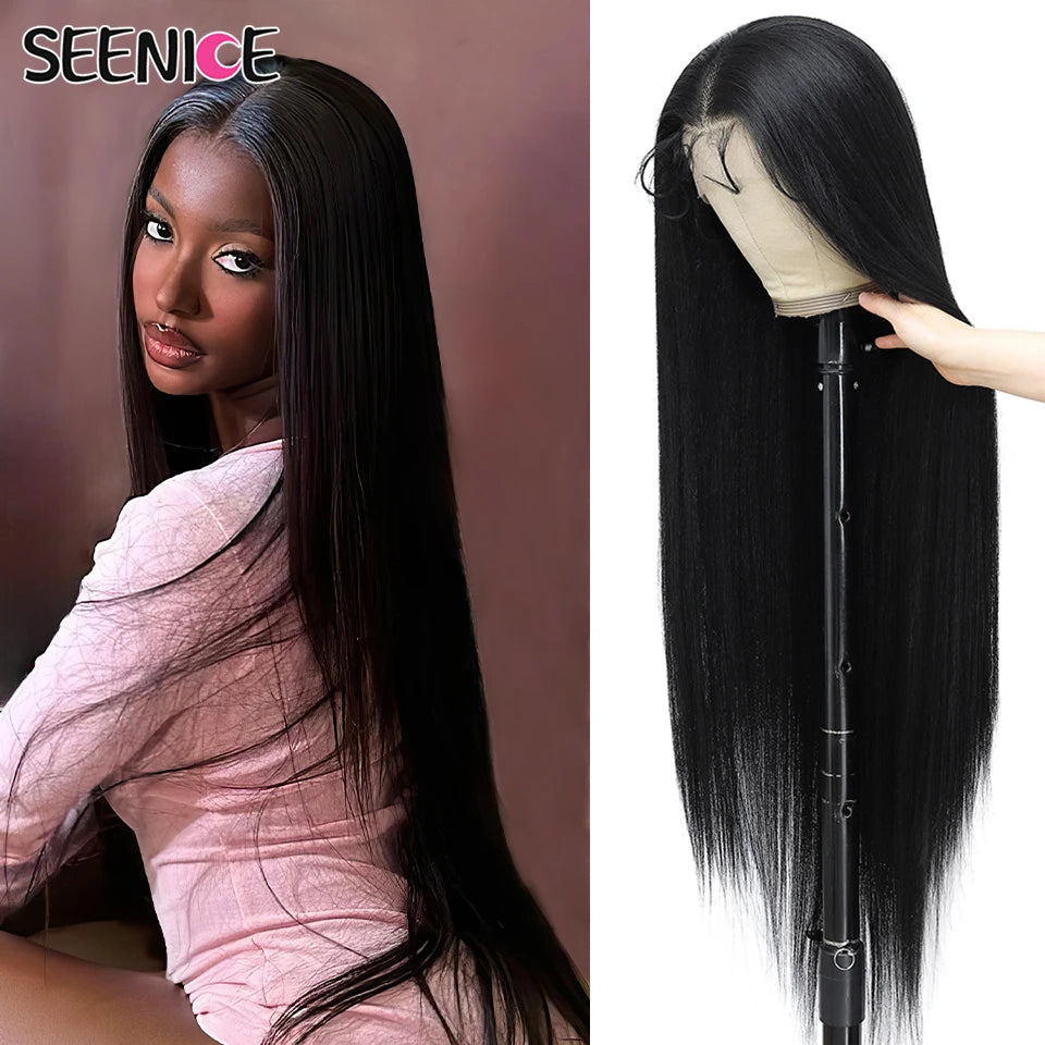 Long straight black wig shown on a model on the left and on a mannequin stand on the right, with a beige lace part visible on the mannequin. The brand name SEENICE appears in the top left corner.