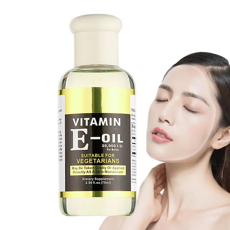 Bottle of Vitamin E oil with a person applying it to their face on a white background