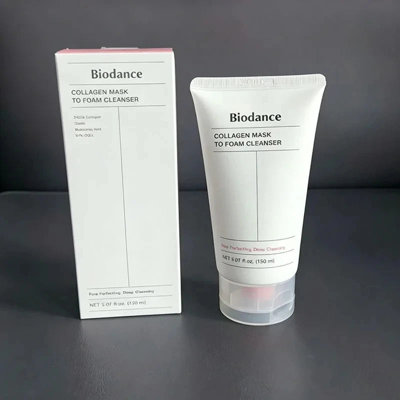 Biodance collagen mask to foam cleanser tube and packaging on a dark background