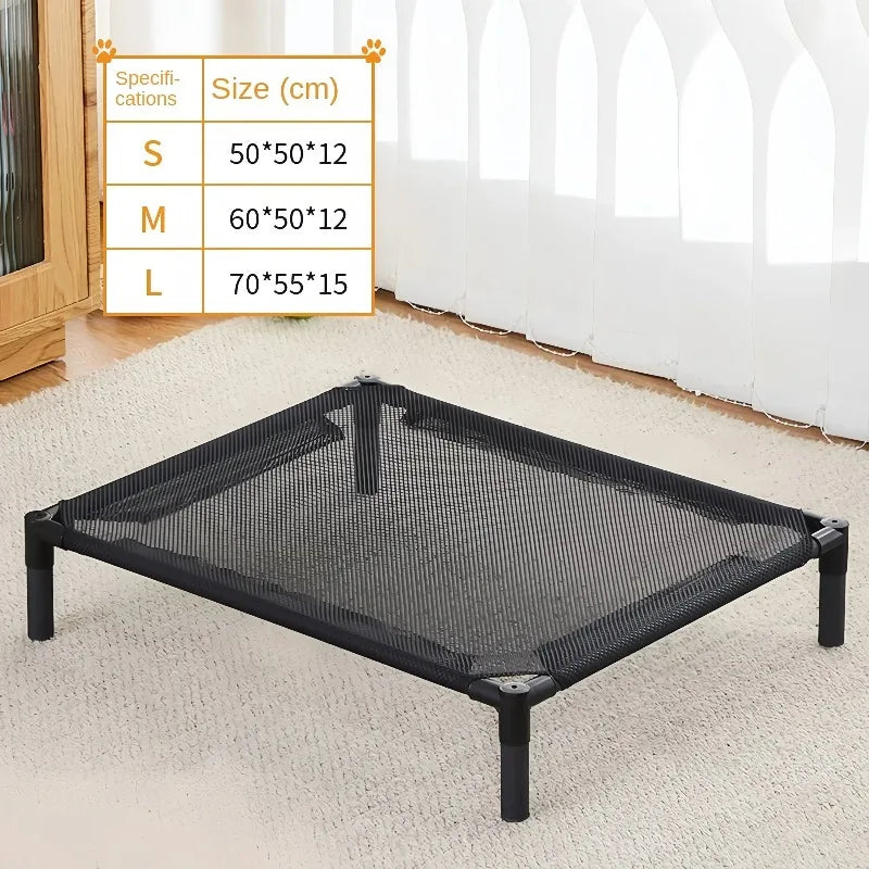 Black pet bed with size chart on a white background