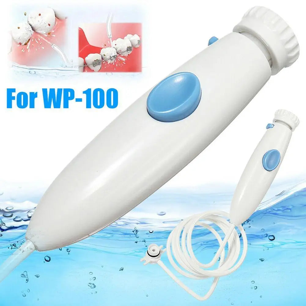 A white handheld oral irrigator/water flosser with a blue button, shown alongside a coiled cord and a smaller alternate view. The image includes a water splash background, a small inset showing teeth cleaning, and the text 'For WP-100'.