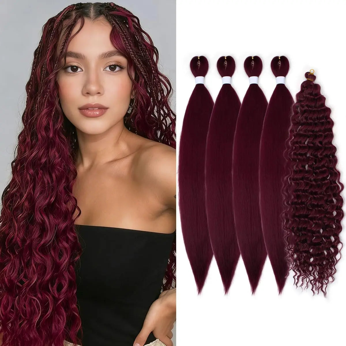 Woman with burgundy hair extensions and a close-up of the hair extensions on a white background.
