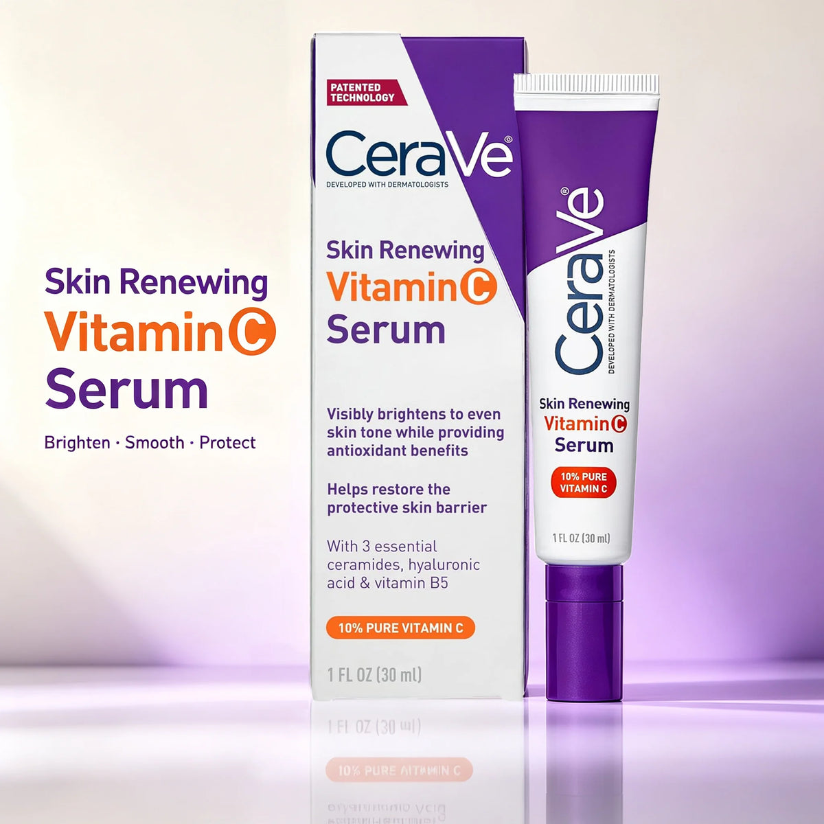 CeraVe Skin Renewing Vitamin C Serum shown with its retail box and squeeze tube on a clean white-to-lavender studio background. The packaging features purple, white, and orange color blocking, with the CeraVe brand name prominently visible.