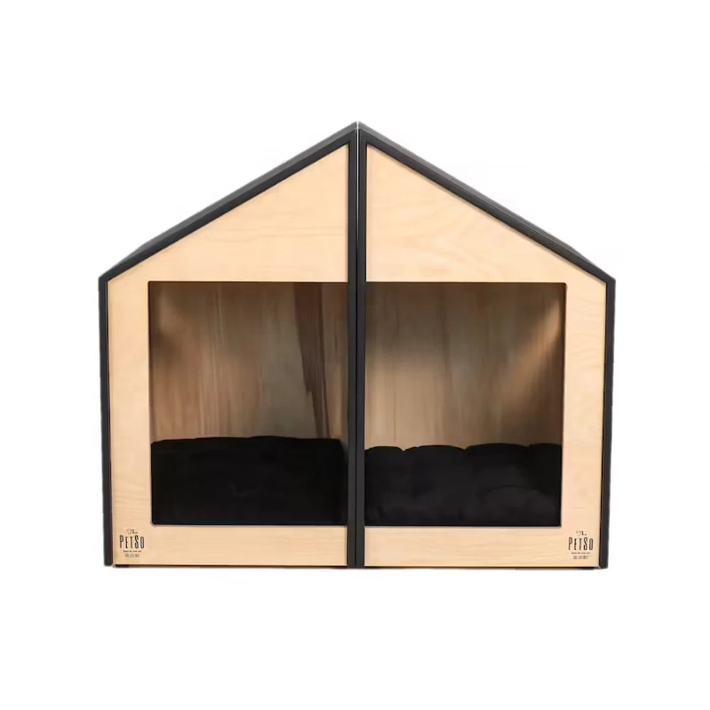 Wooden pet house with black cushion on a white background