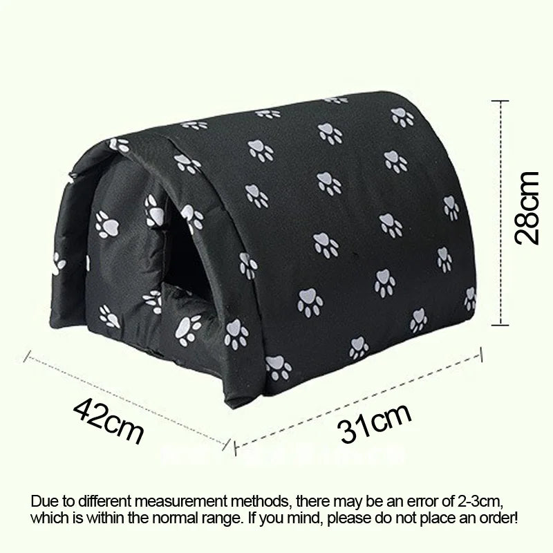 Black pet bed with white paw prints and measurements on a white background