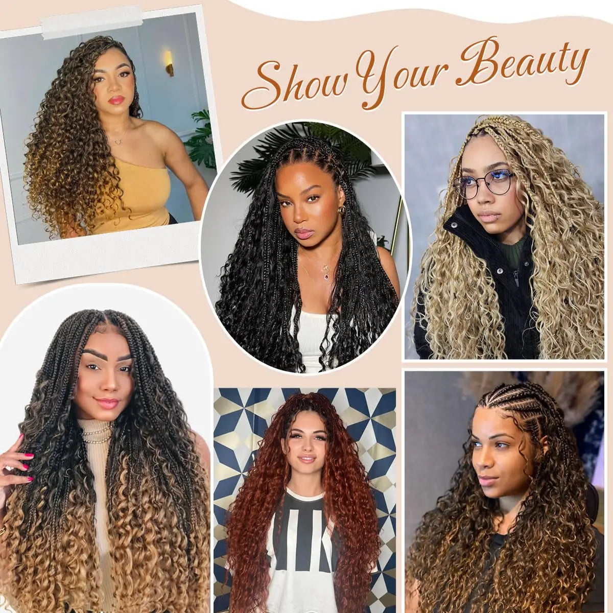 Collage of women with styled hair, featuring text 'Show Your Beauty'.