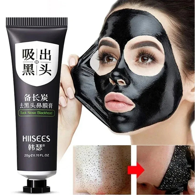 Blackhead removal mask and cream with before and after effects on a person's face.