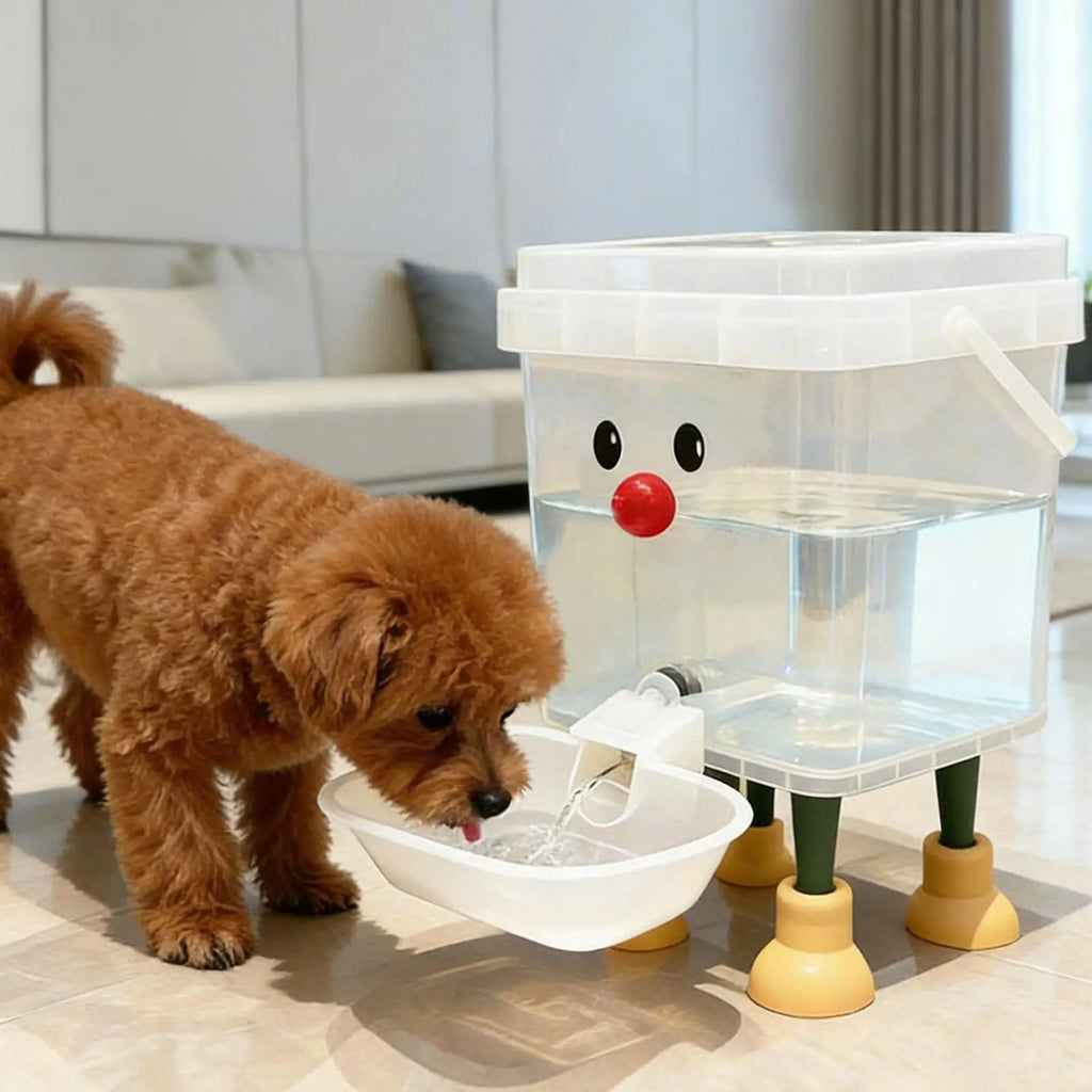 Dog drinking water from a transparent pet fountain with cartoon face and legs in a modern living room.
