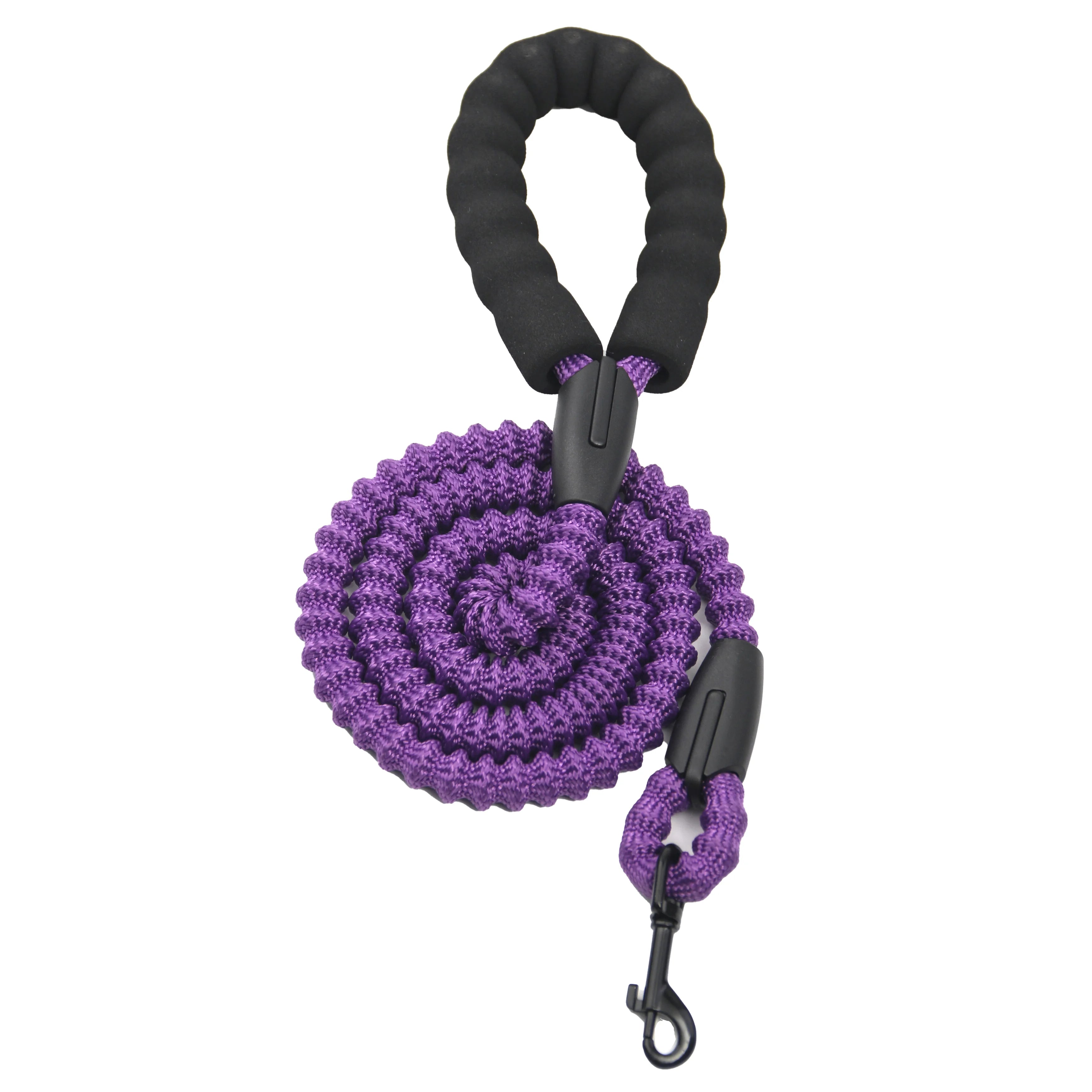 Purple dog leash with black handle on a white background