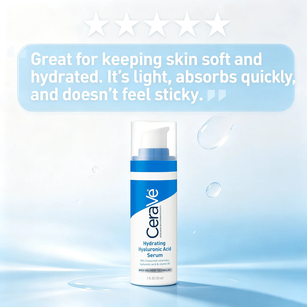 CeraVe Hydrating Hyaluronic Acid Serum bottle centered on a light blue and white background with a light blue text bubble above describing the product benefits.