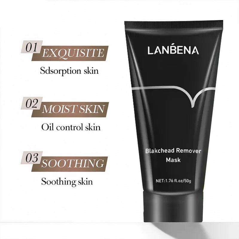 LANBENA blackhead remover mask tube with benefits listed on a white background