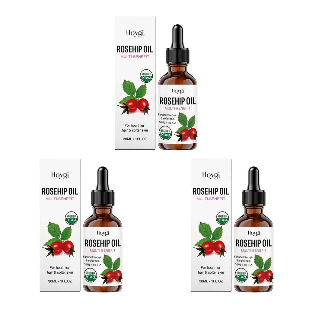 Three identical bottles of Hvoyi Rosehip Oil with droppers and their matching white boxes are arranged on a plain white background.