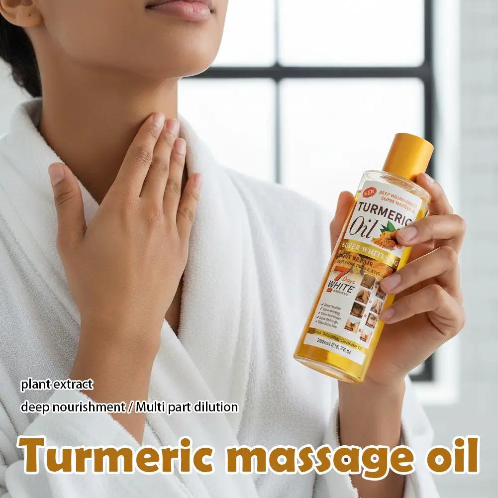 Person holding a bottle of turmeric massage oil with text about plant extract and deep nourishment.