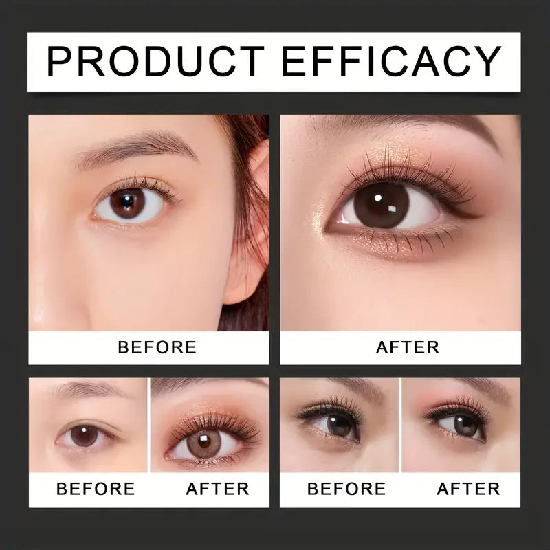 Before and after comparison of eye makeup application on a person's eyelashes.