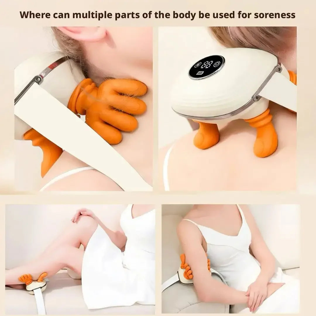Massage device being used on various parts of the body with text indicating its use for soreness.