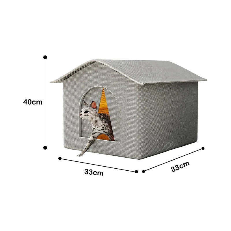 Gray pet house with a cat peeking out, showing dimensions on a white background