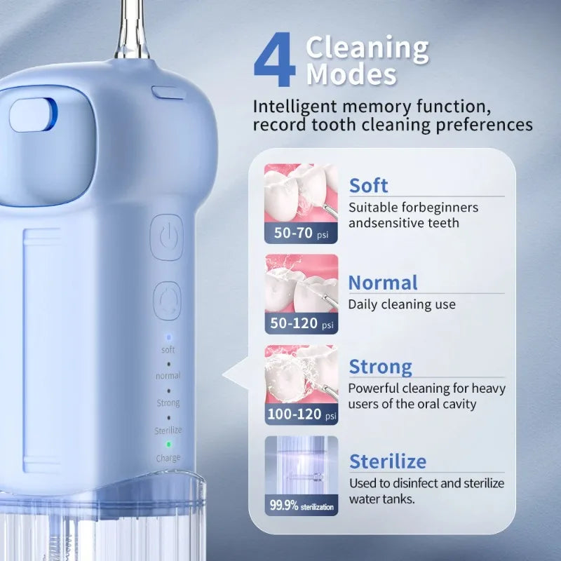 Blue dental water flosser with cleaning mode options on a light blue background