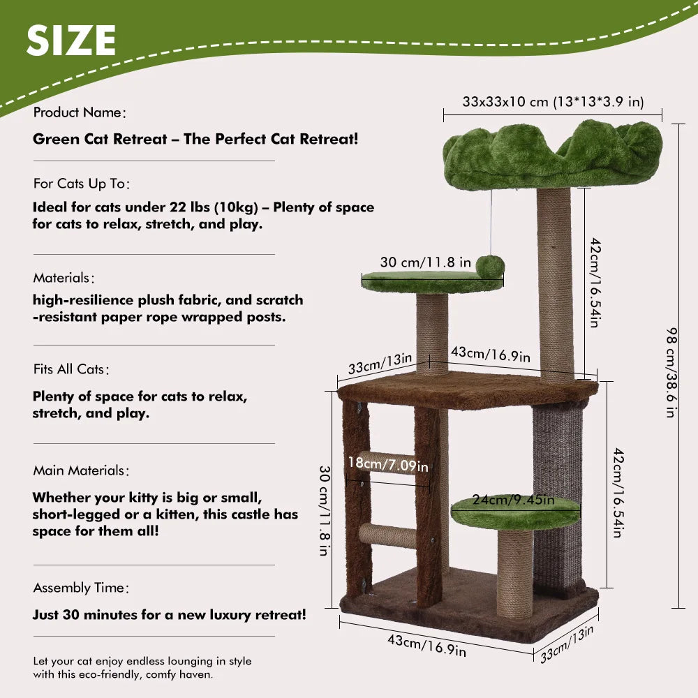Cat tree with dimensions and product details on a white background