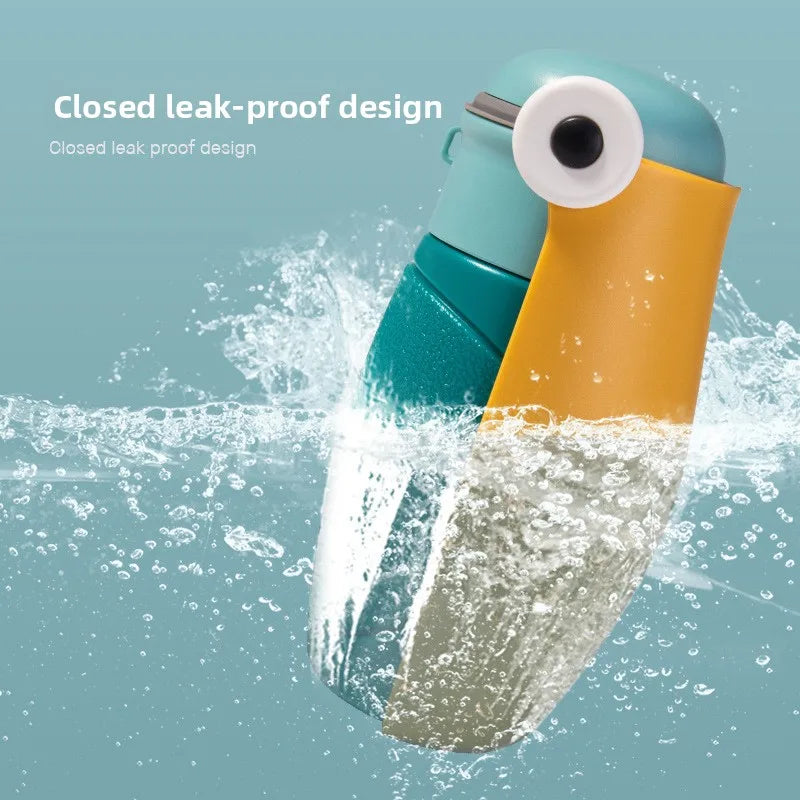 Colorful water bottle with a closed leak-proof design on a light blue background
