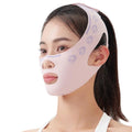 Woman wearing a face slimming mask on a white background