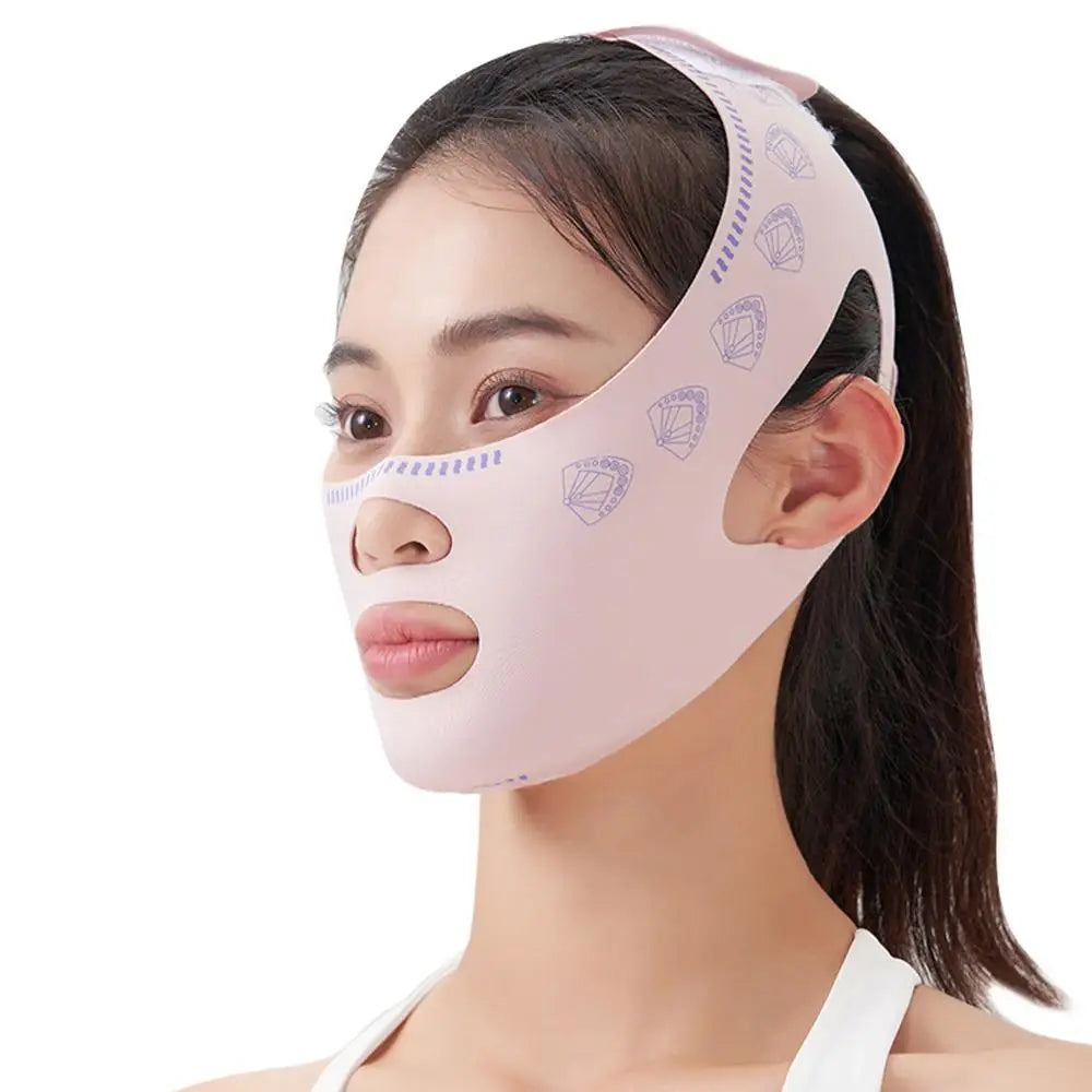 Woman wearing a face slimming mask on a white background