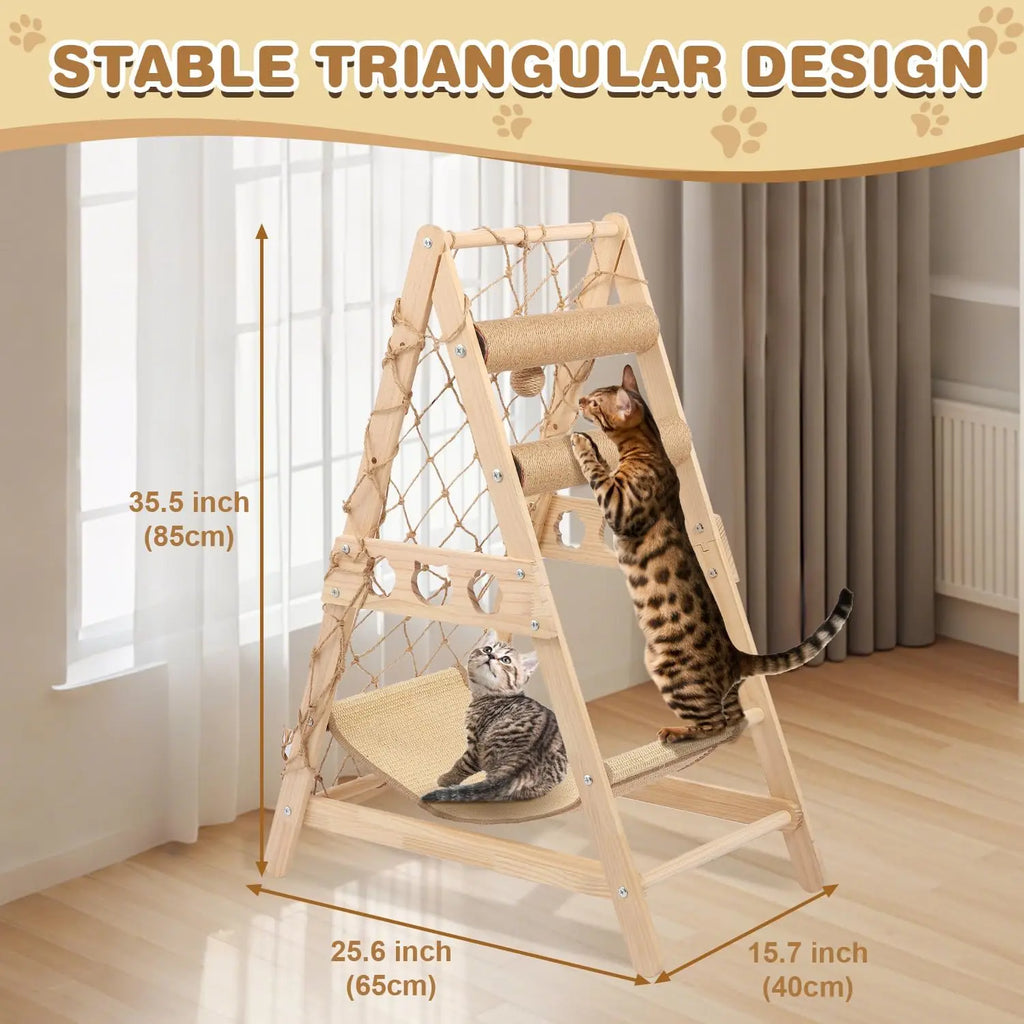 Wooden cat play structure with dimensions labeled, featuring two cats interacting with it.