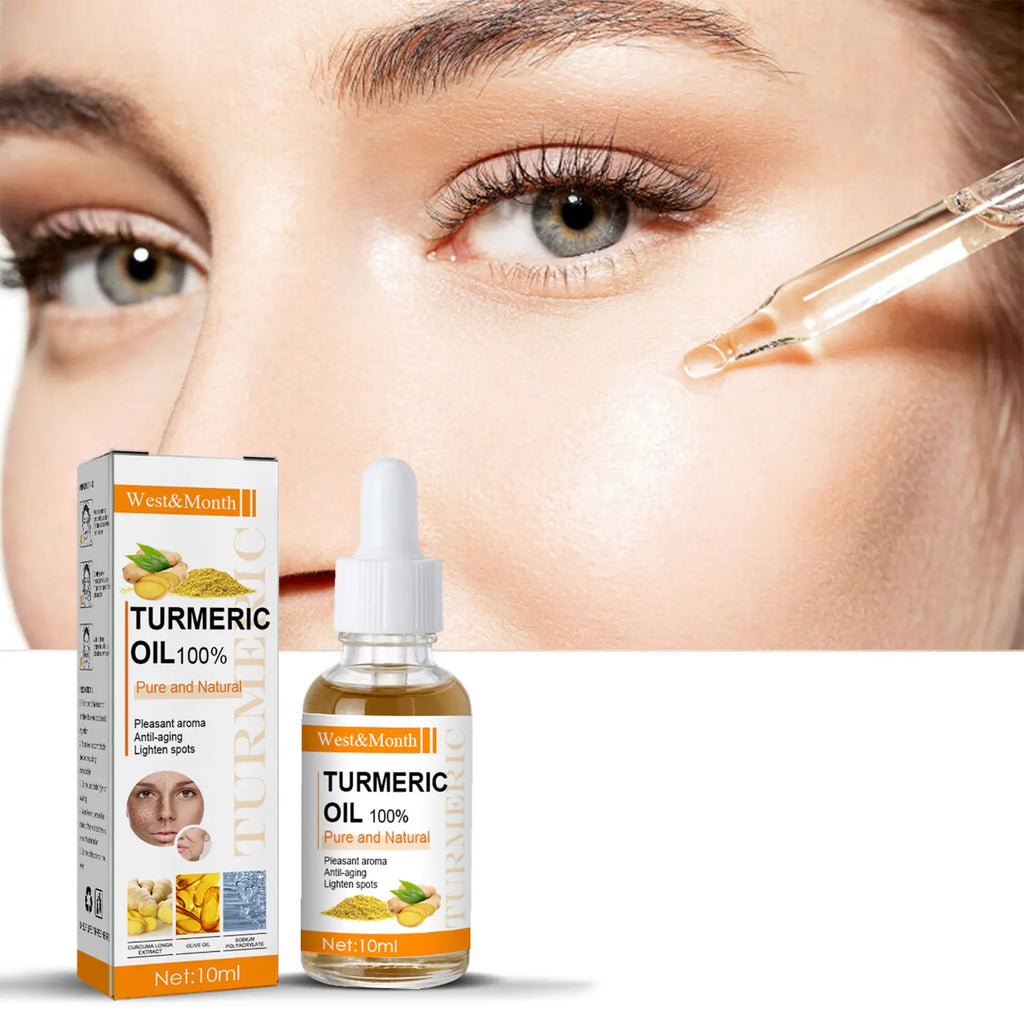 Turmeric oil product with dropper and packaging on a close-up of a person's eye.