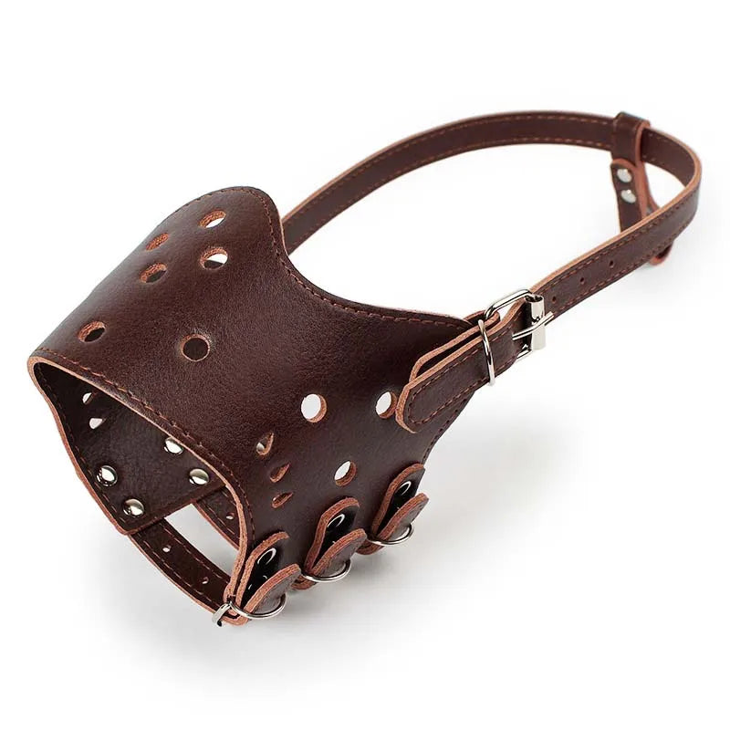 Brown leather dog muzzle with metal clips on a white background