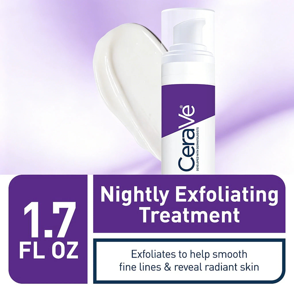 CeraVe nightly exfoliating treatment bottle with purple label on a light purple background