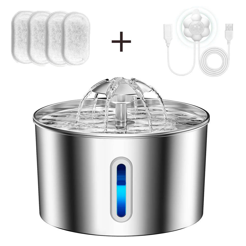 Stainless steel pet water fountain with additional filters and USB cable on a white background