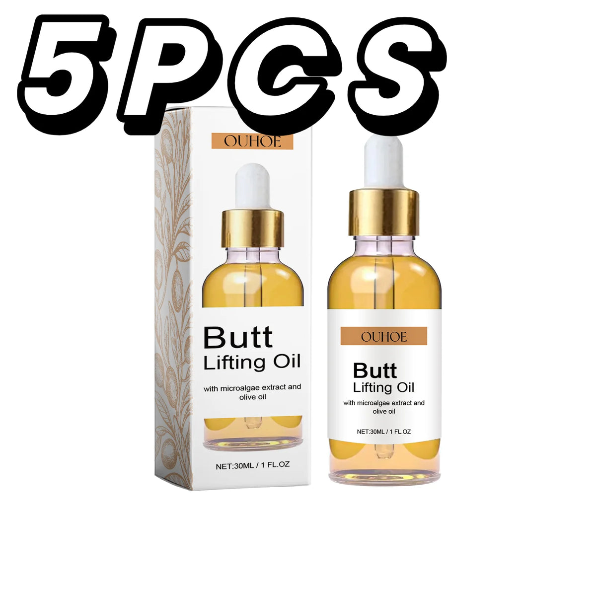 Two bottles of 'Butt Lifting Oil' with packaging and '5 PCS' text above on a white background.