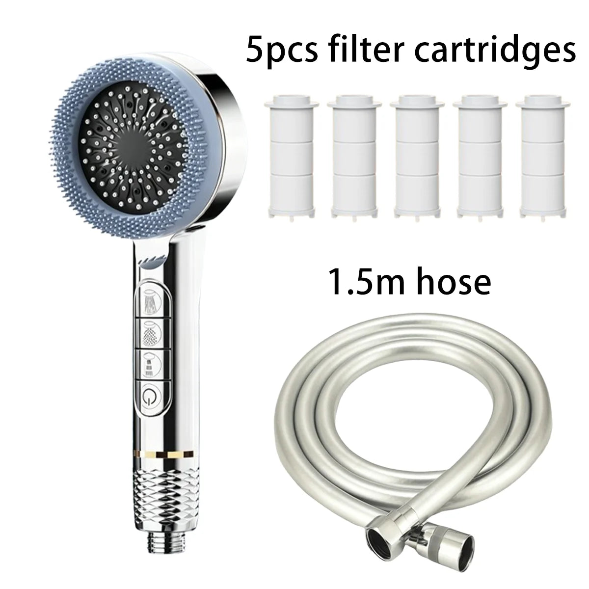 A handheld shower head set with a chrome-finished head and hose, shown alongside five white filter cartridges and a coiled silver hose on a plain white background. Text on the image reads '5pcs filter cartridges' and '1.