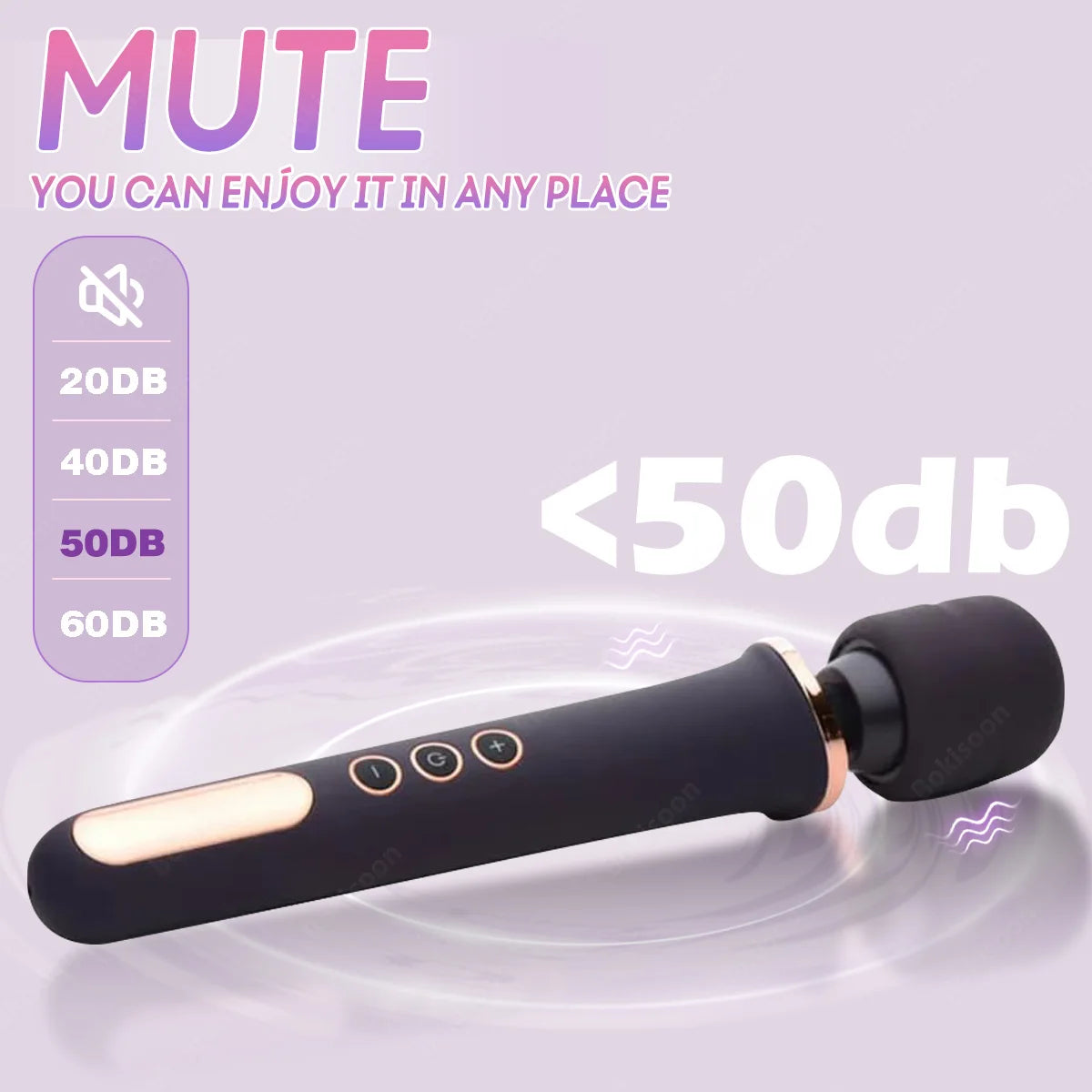 Black handheld device with volume indicator on a light purple background