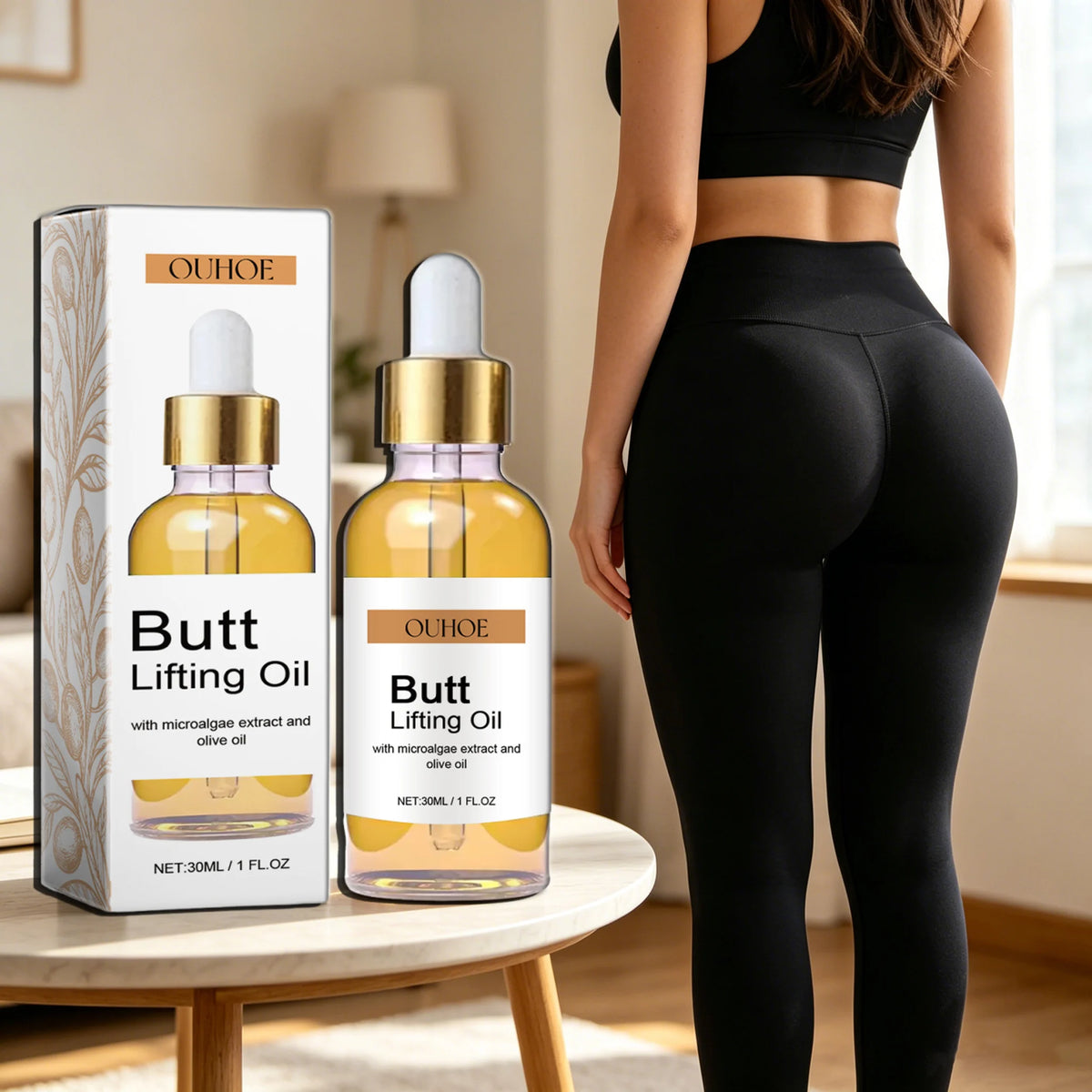 Butt Lifting Oil packaging and bottle with a person wearing black leggings in a room.