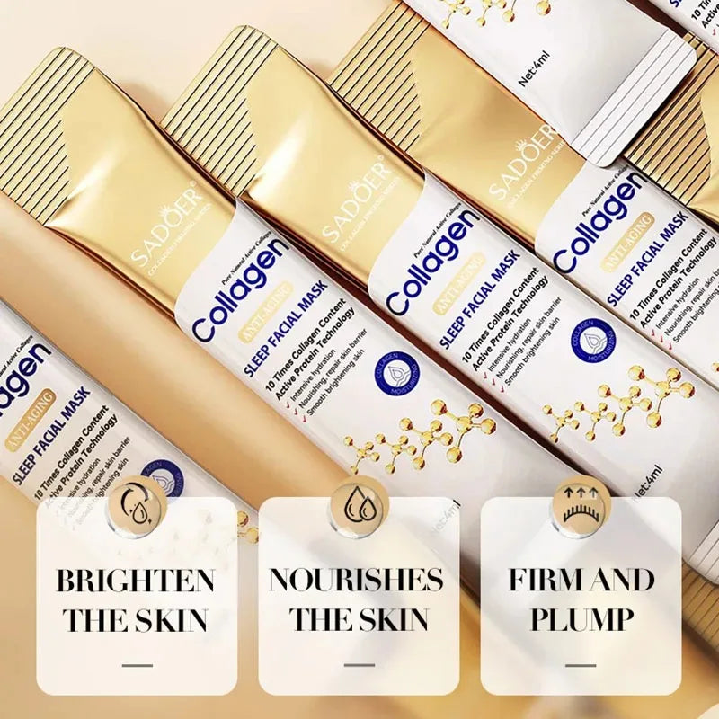 Collagen skincare products with text highlighting benefits on a beige background