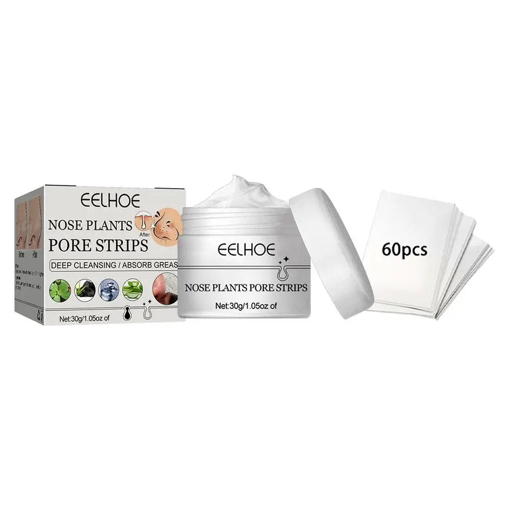 Eelhoe nose plant pore strip set including cream, packaging, and strips on a white background