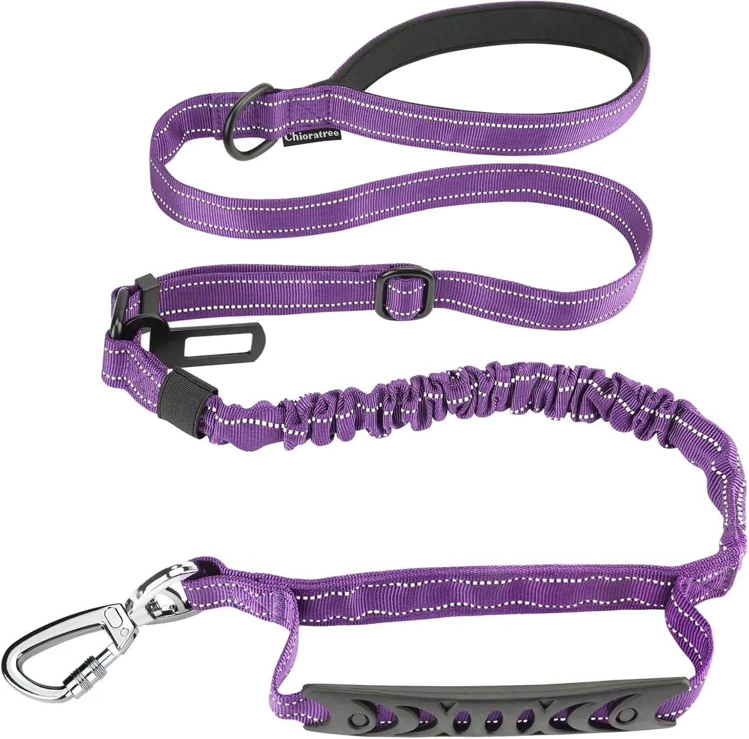 Purple dog leash with carabiner on a white background