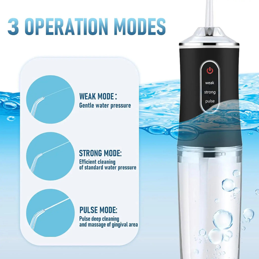 Water flosser with mode instructions on a blue water background
