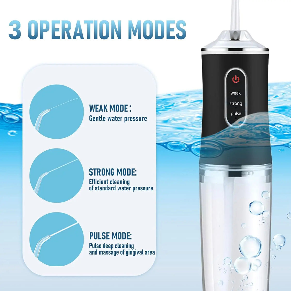 Water flosser with mode instructions on a blue water background