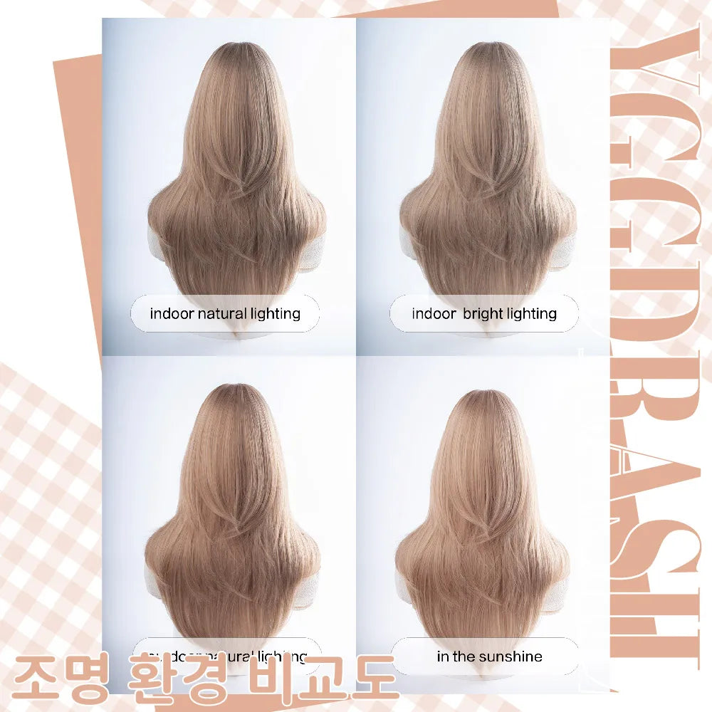 Four-panel comparison of a long, wavy wig from the back under different lighting conditions: indoor natural lighting, indoor bright lighting, and in the sunshine. The wig has a light ash blonde color with subtle cool gray undertones.