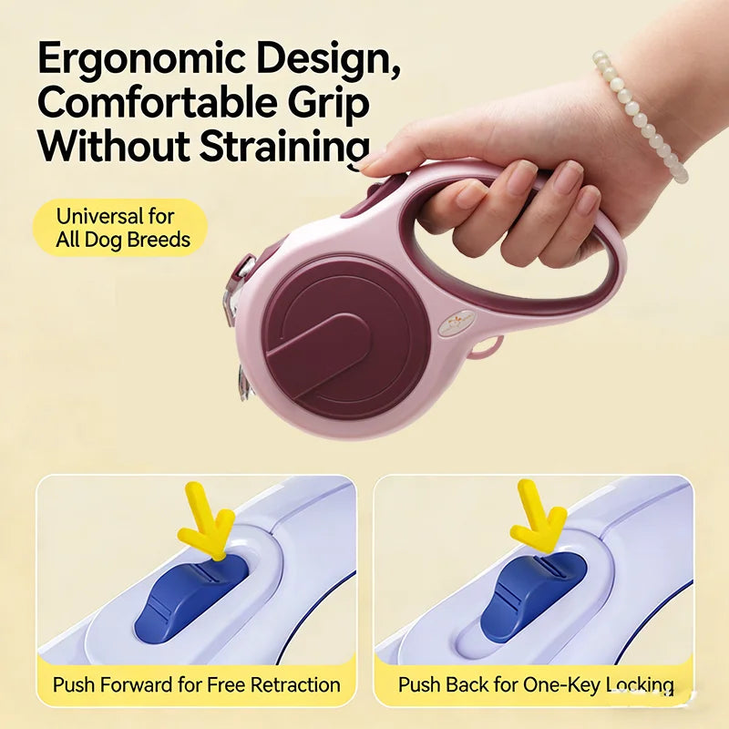 Dog leash handle with ergonomic design, comfortable grip, and text highlighting features on a beige background.