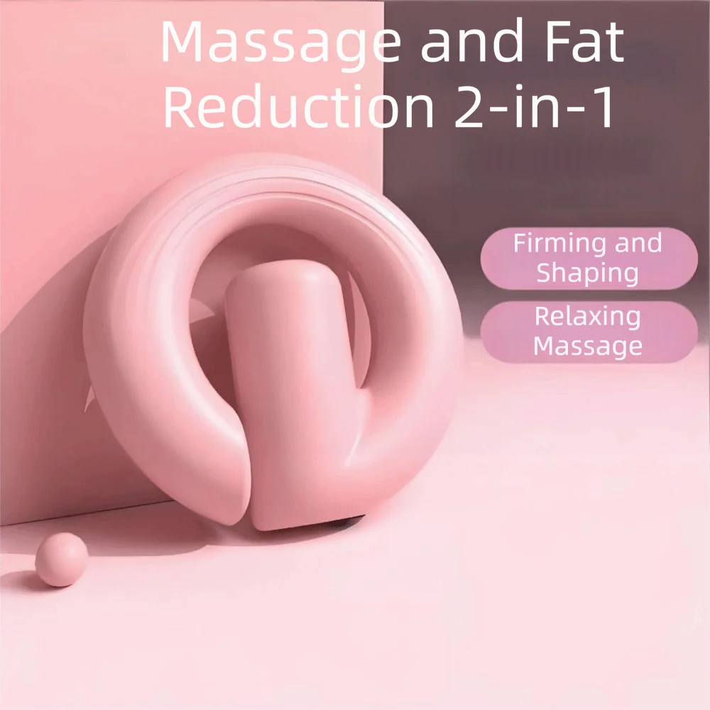 A pink U-shaped neck and shoulder massage device with a cylindrical massage head, shown on a soft pink background with text overlays describing its benefits.