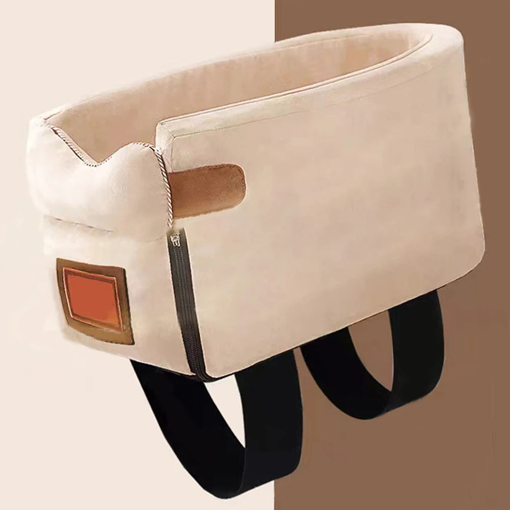 Beige baby seat with black straps on a beige background