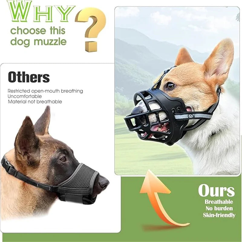 Dog muzzles comparison with text highlighting benefits of a specific dog muzzle.