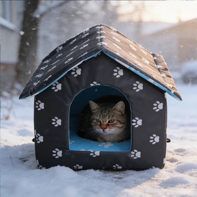 A small dog house pet bed with a gray and white paw print pattern sits in the snow, with a tabby cat peeking out from the arched opening. The bed has a gray roof with white paw prints, a blue interior, and light blue trim.