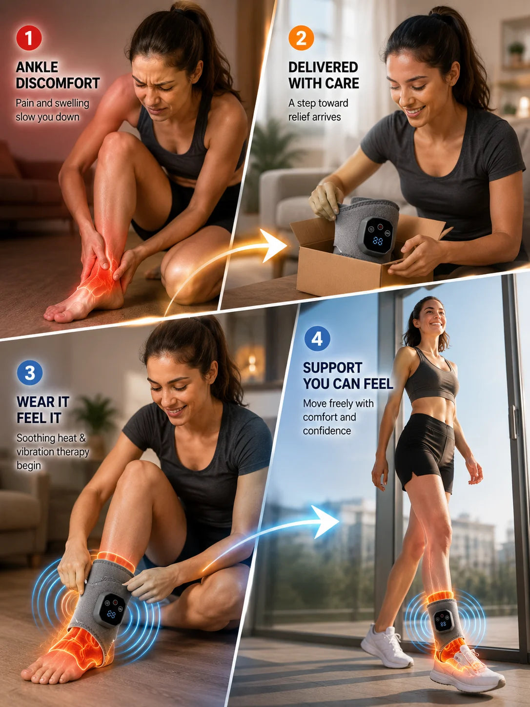 A four-panel promotional collage showing a foot and ankle massage device in use. Panel 1 shows a woman sitting on the floor holding her ankle, with text reading 'ANKLE DISCOMFORT' and an arrow pointing to a gray device wrapped around her ankle.
